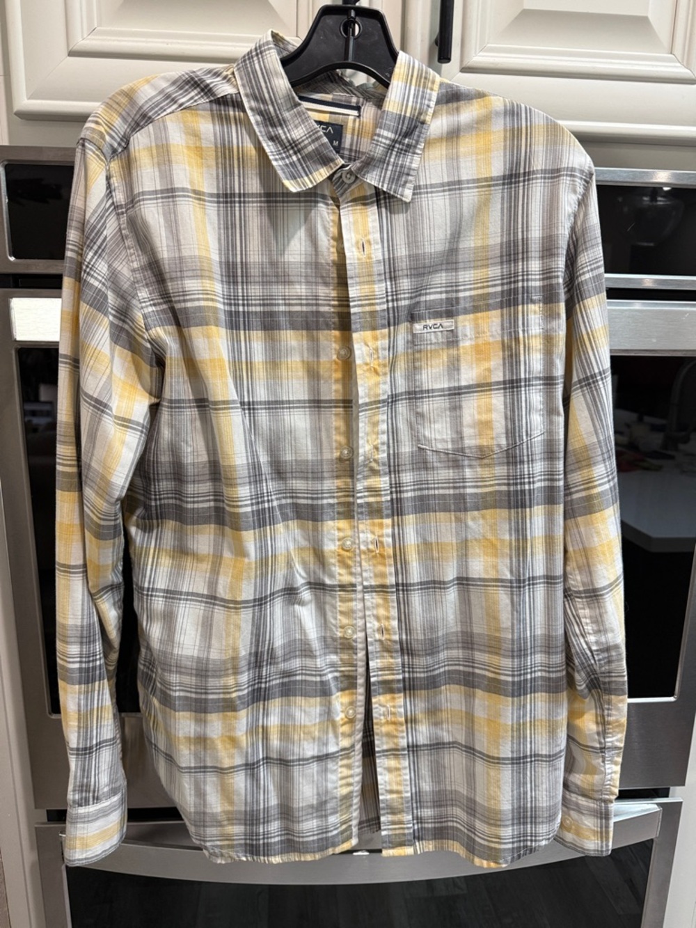 RVCA Men’s Yellow and Gray Plaid Button-Down Shirt - Chest Pocket